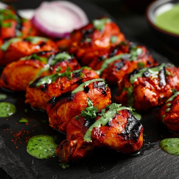 Grilled chicken tikka pieces with green chutney and red onions on a dark platter.